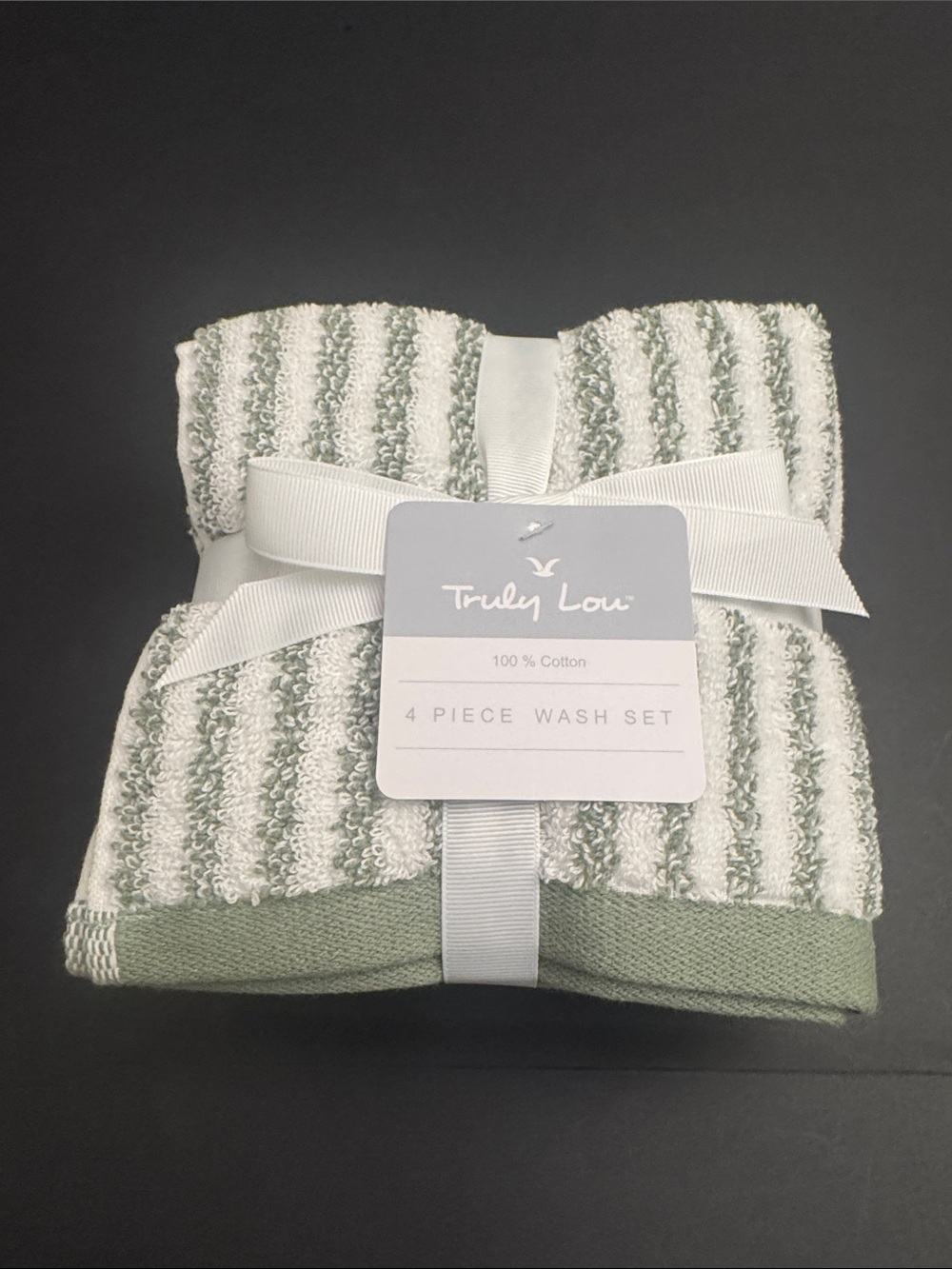 8pc TRULY LOU 100% Cotton Stripe Bath Towel Set -Soft -Absorbent - Wht/Oil Green - Picture 6 of 9